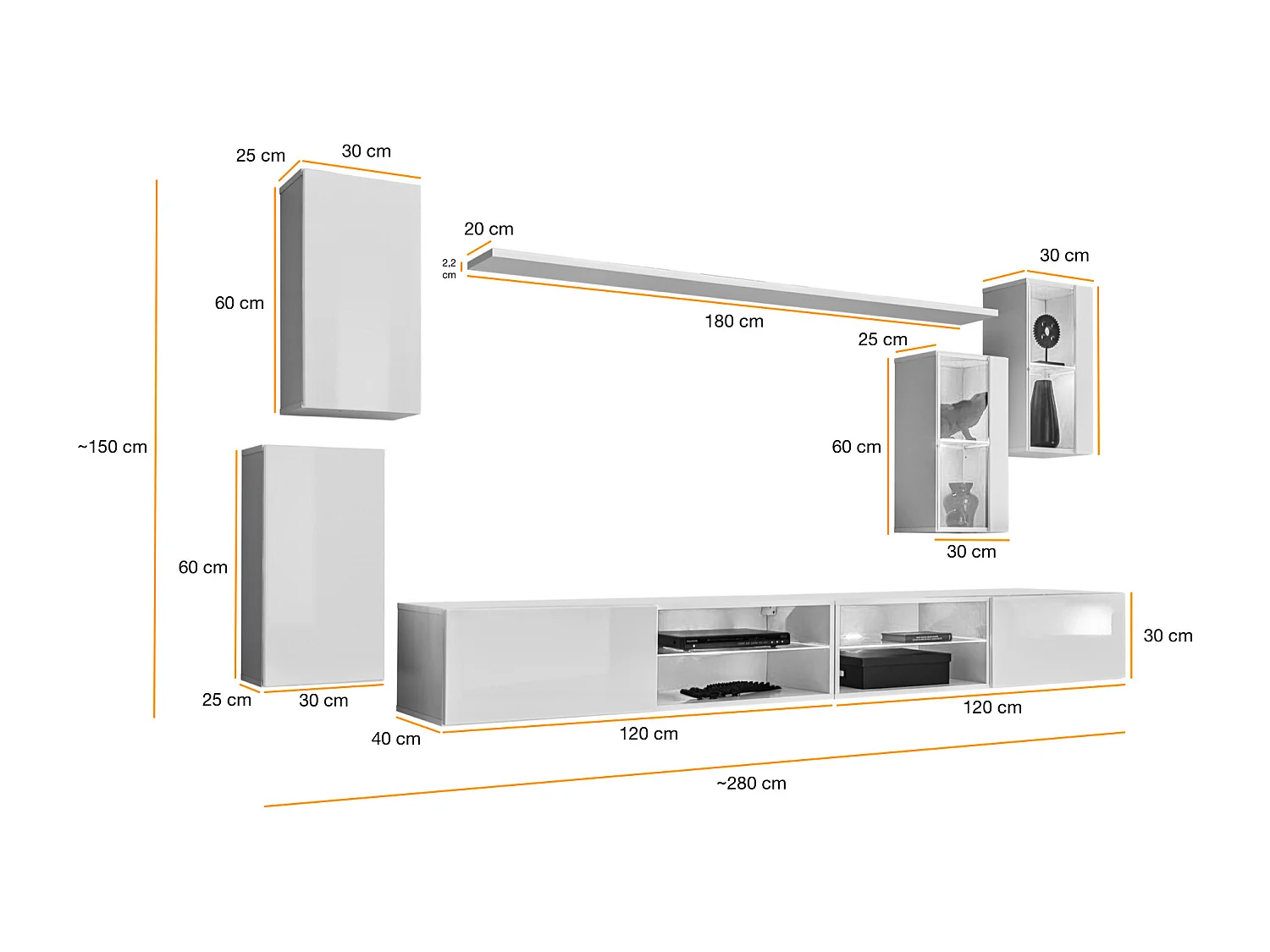 Parete attrezzata da soggiorno moderna con luci led 280x140 grigio e bianco PAP71