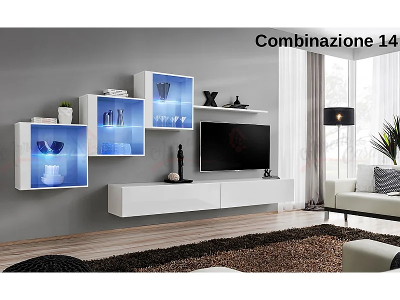 Parete attrezzata sospesa design contemporaneo con led 330x160 bianco PAP65