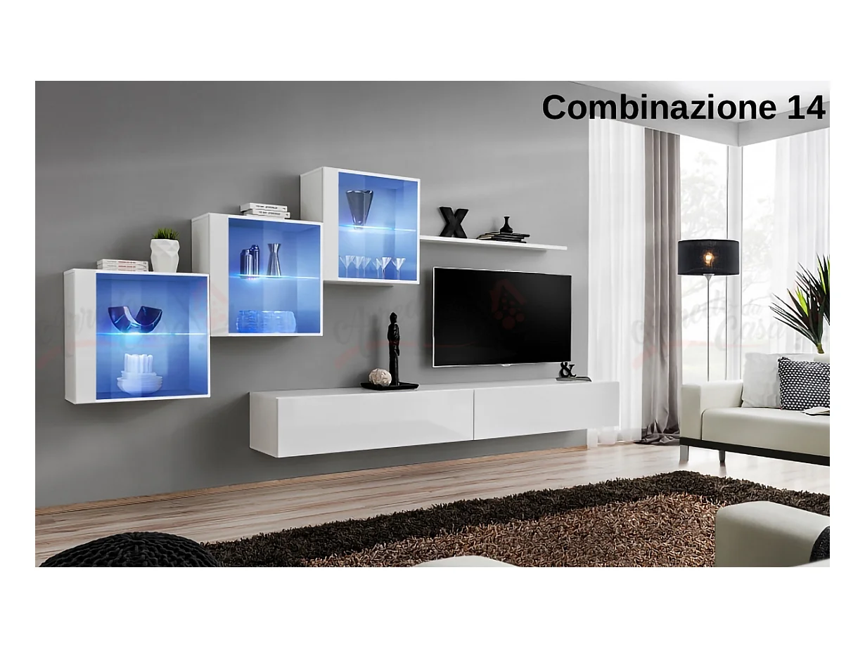 Parete attrezzata sospesa design contemporaneo con led 330x160 bianco PAP65