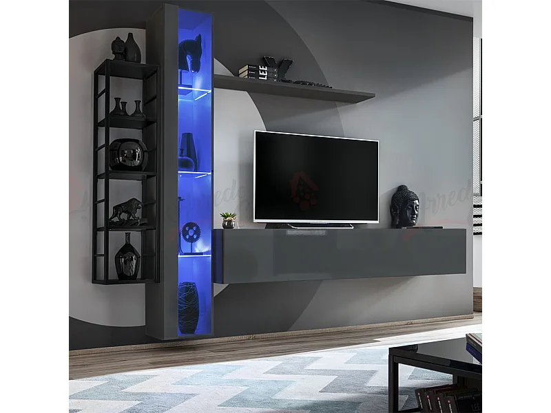 Parete attrezzata da soggiorno vetrina sospesa 240x180 grigio PAP79