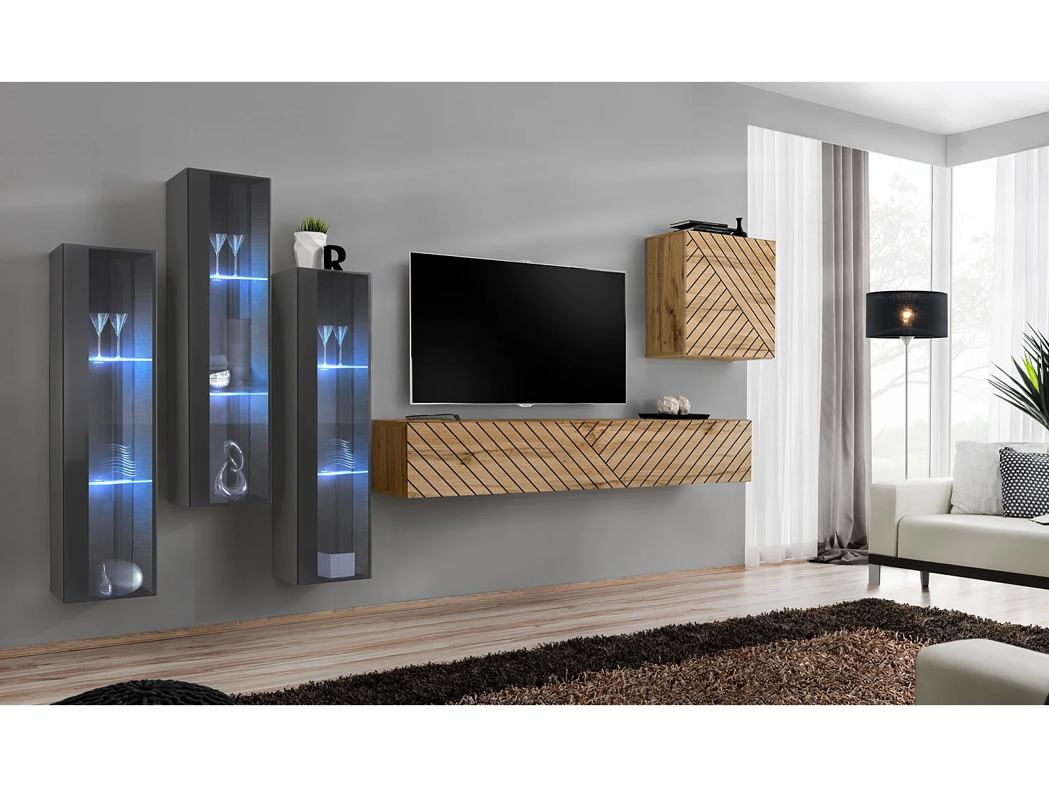 Parete attrezzata da soggiorno con luci LED 270x160 grigio e rovere PAP57