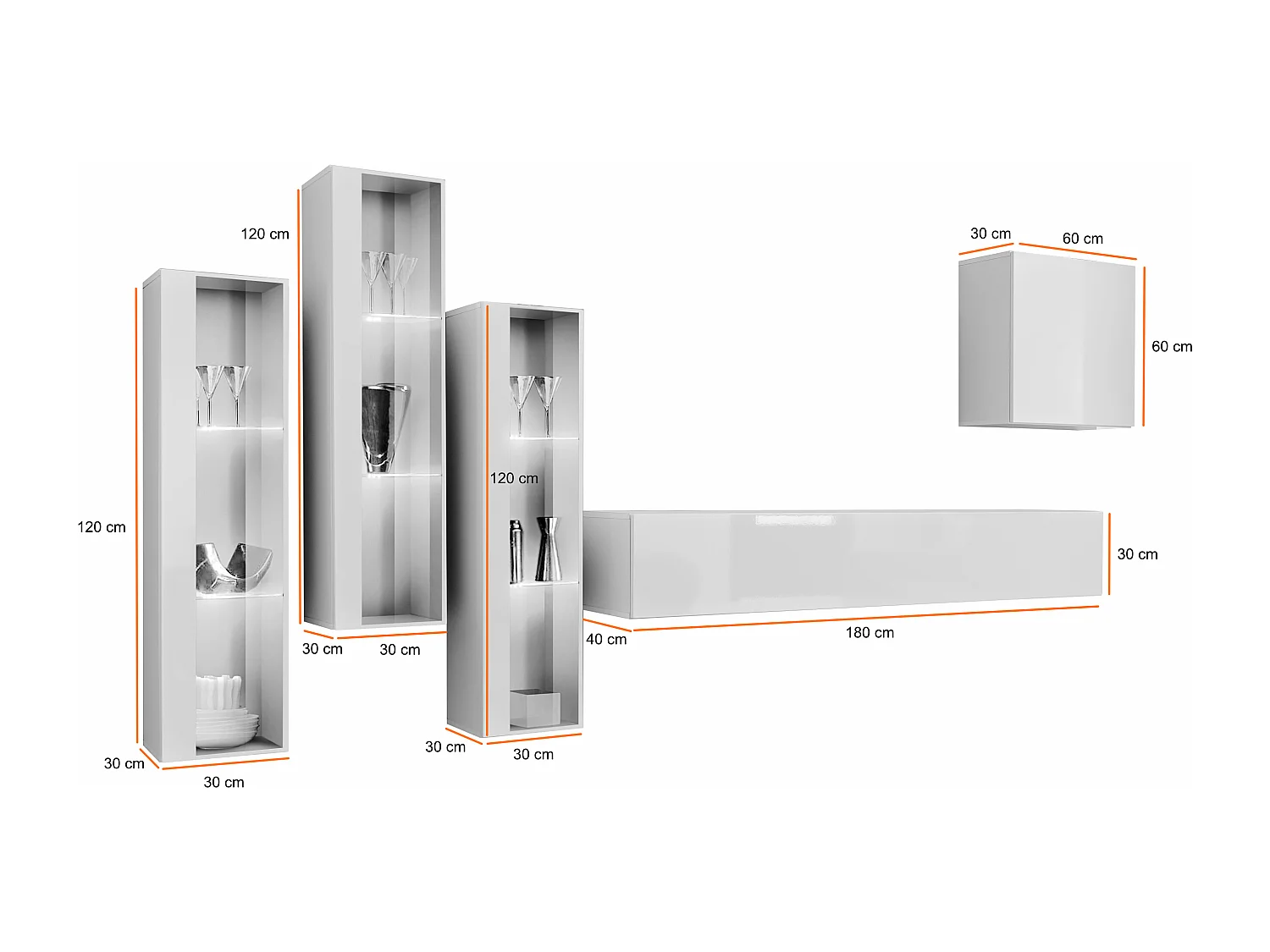 Parete attrezzata da soggiorno con luci LED 270x160 grigio e rovere PAP57