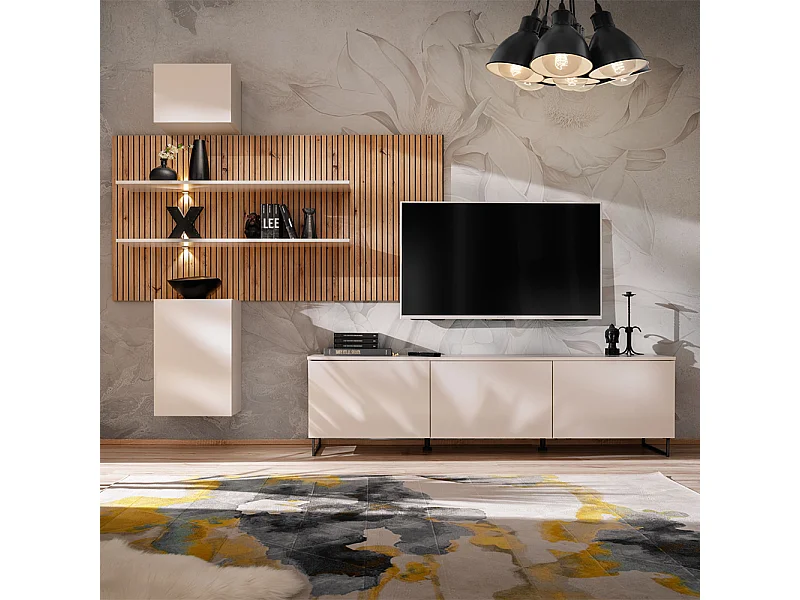 Parete attrezzata moderna beige e rovere 280x200 PAP150