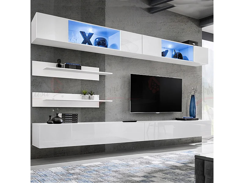 Parete attrezzata da soggiorno moderna con vetrine sospese e led 320x180 bianco PAP104