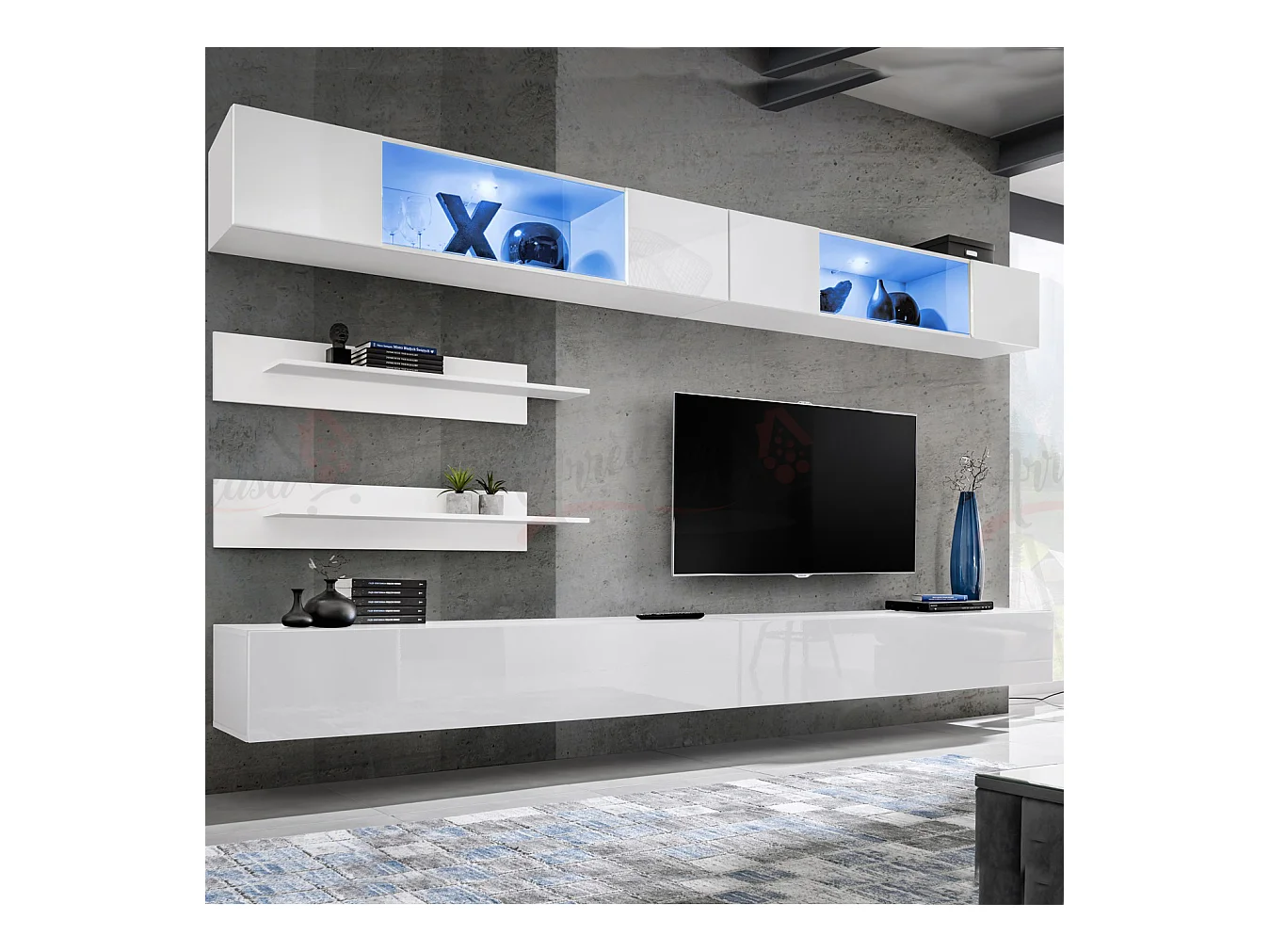 Parete attrezzata da soggiorno moderna con vetrine sospese e led 320x180 bianco PAP104