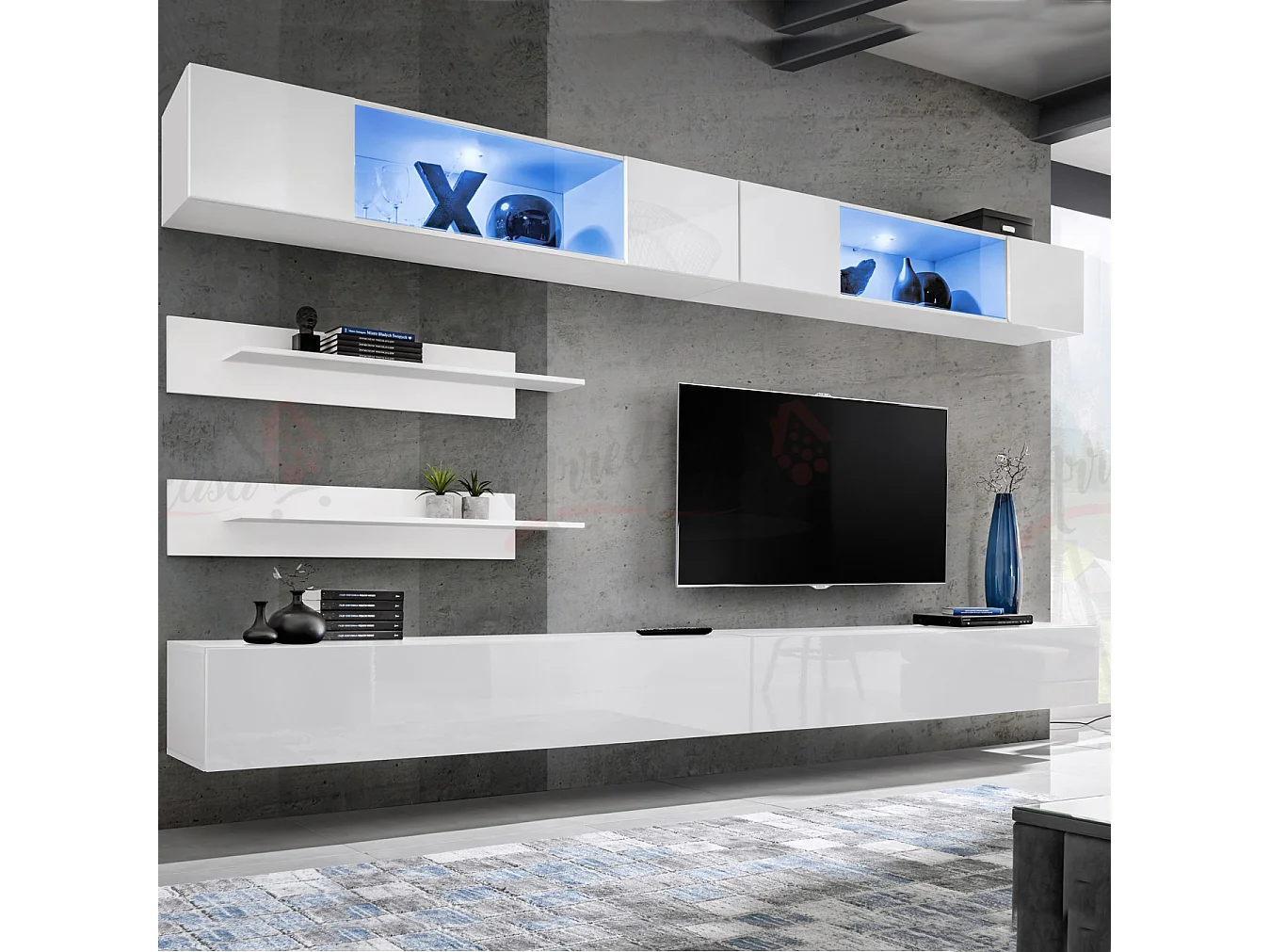 Parete attrezzata da soggiorno moderna con vetrine sospese e led 320x180 bianco PAP104