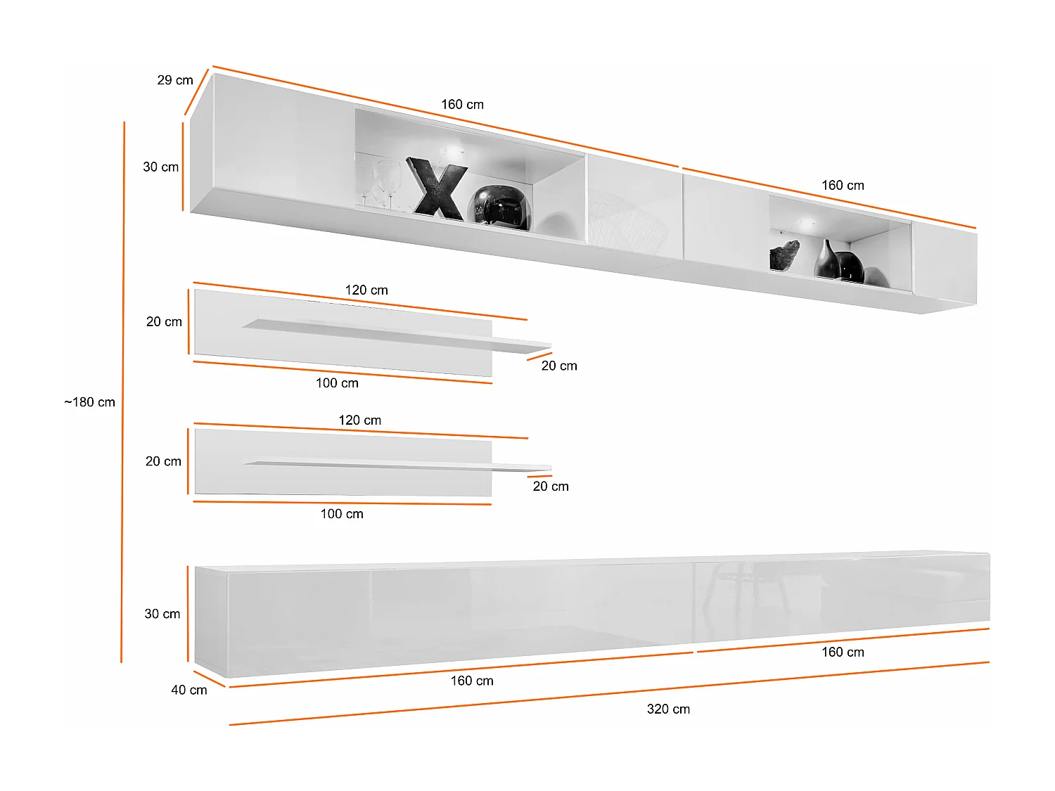 Parete attrezzata da soggiorno moderna con vetrine sospese e led 320x180 bianco PAP104