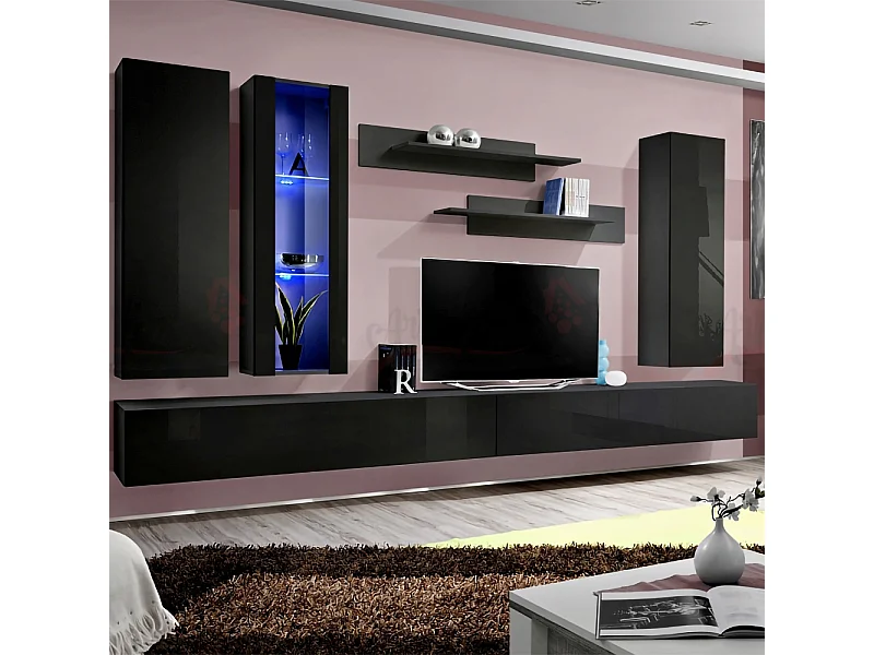 Parete attrezzata soggiorno moderna con mobile porta TV 320x190 nero PAP94