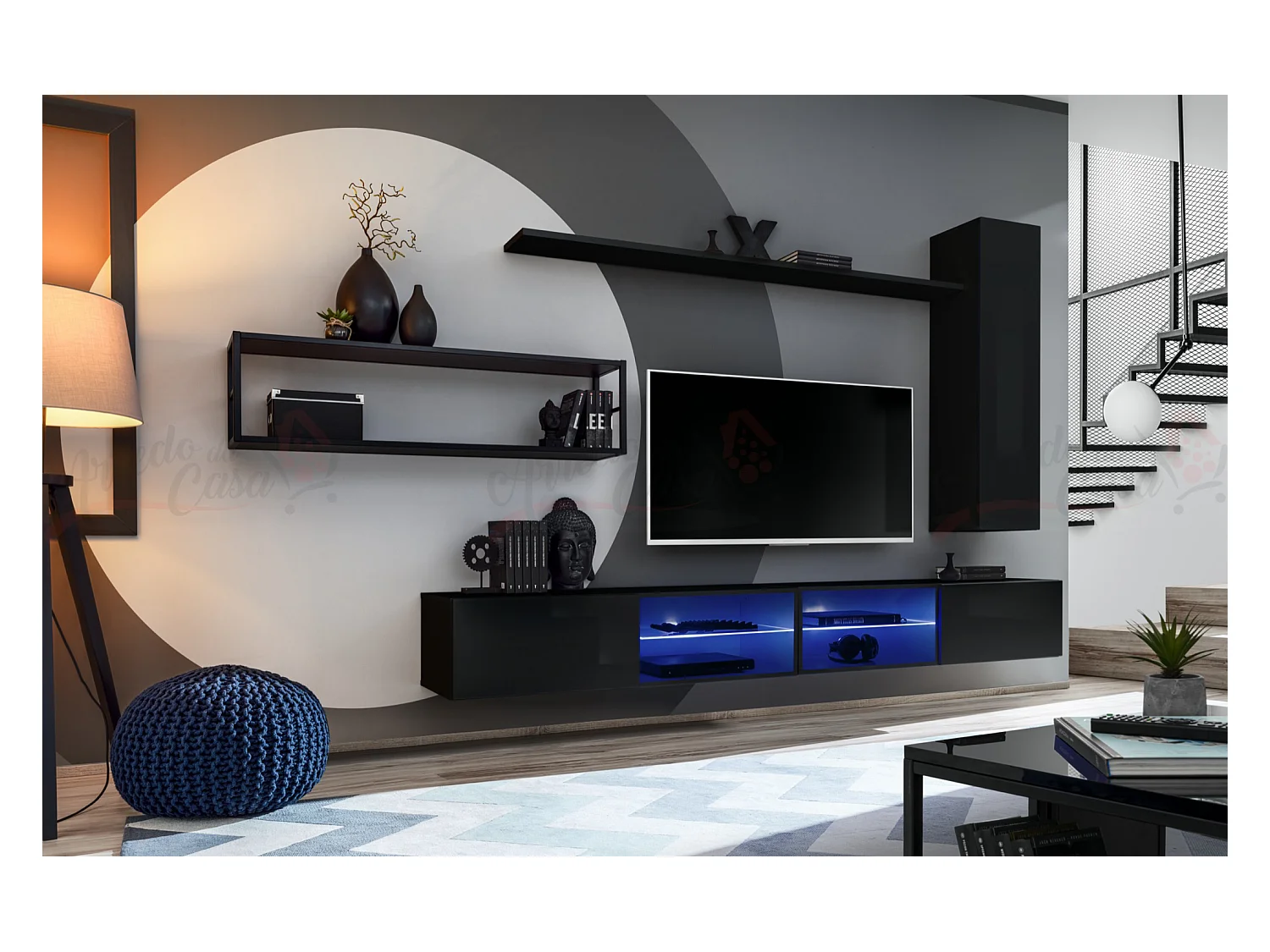 Parete attrezzata da soggiorno con luci led 300x170 nero PAP76