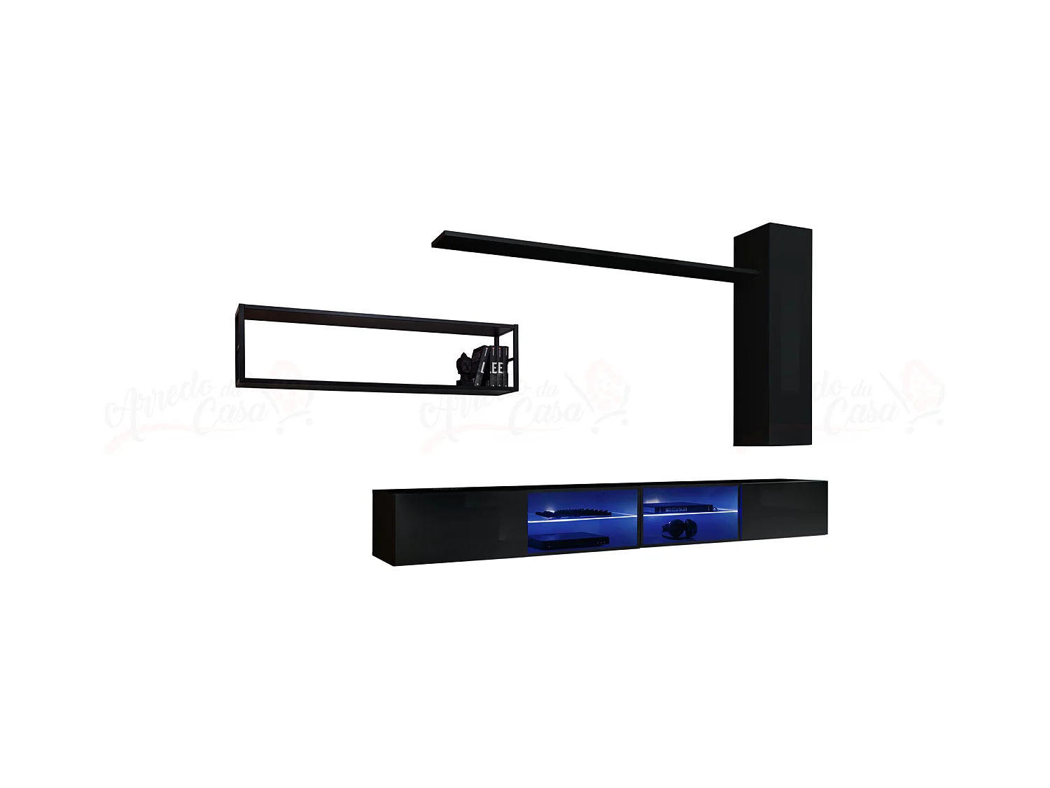 Parete attrezzata da soggiorno con luci led 300x170 nero PAP76