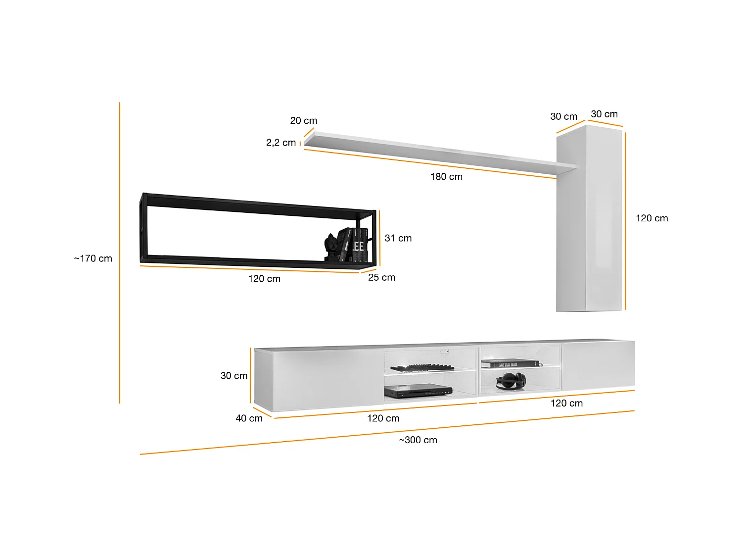 Parete attrezzata da soggiorno con luci led 300x170 nero PAP76
