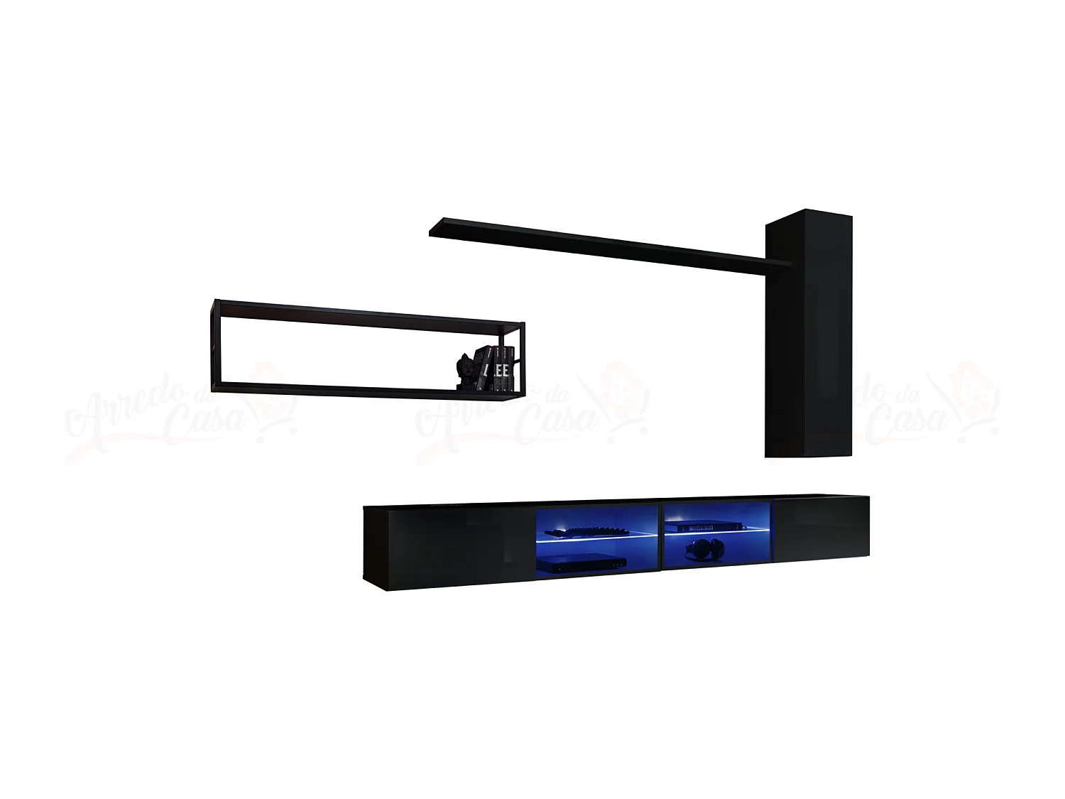 Parete attrezzata da soggiorno con luci led 300x170 nero PAP76