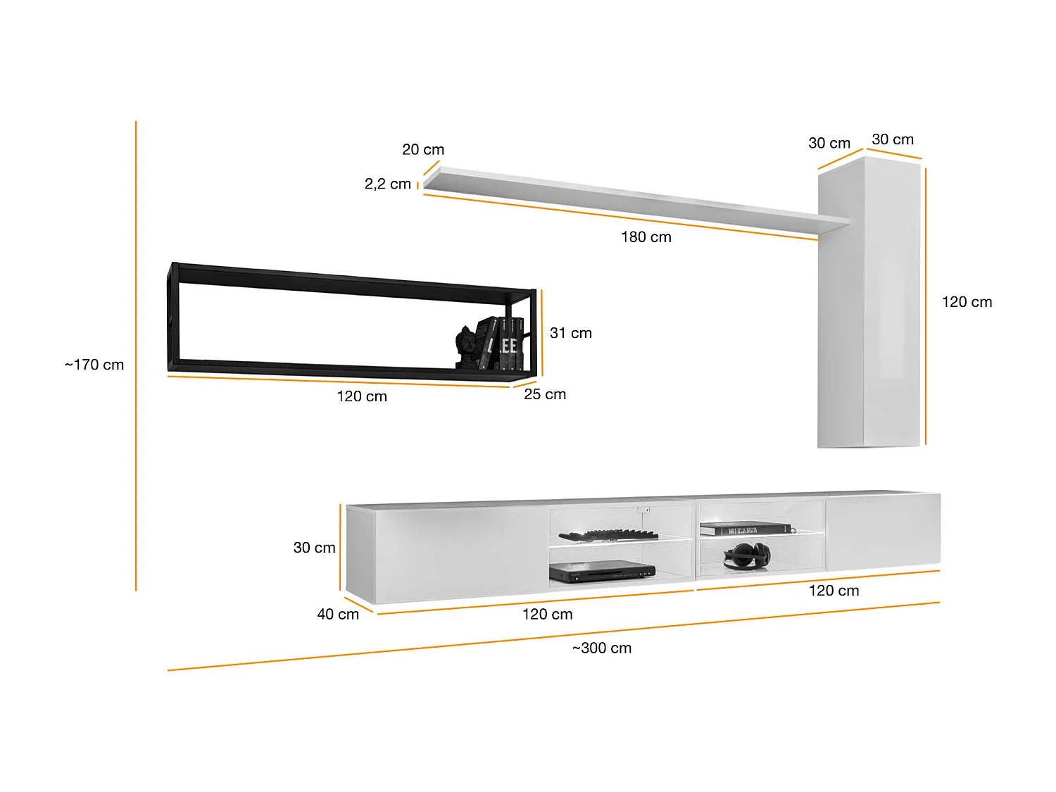 Parete attrezzata da soggiorno con luci led 300x170 nero PAP76