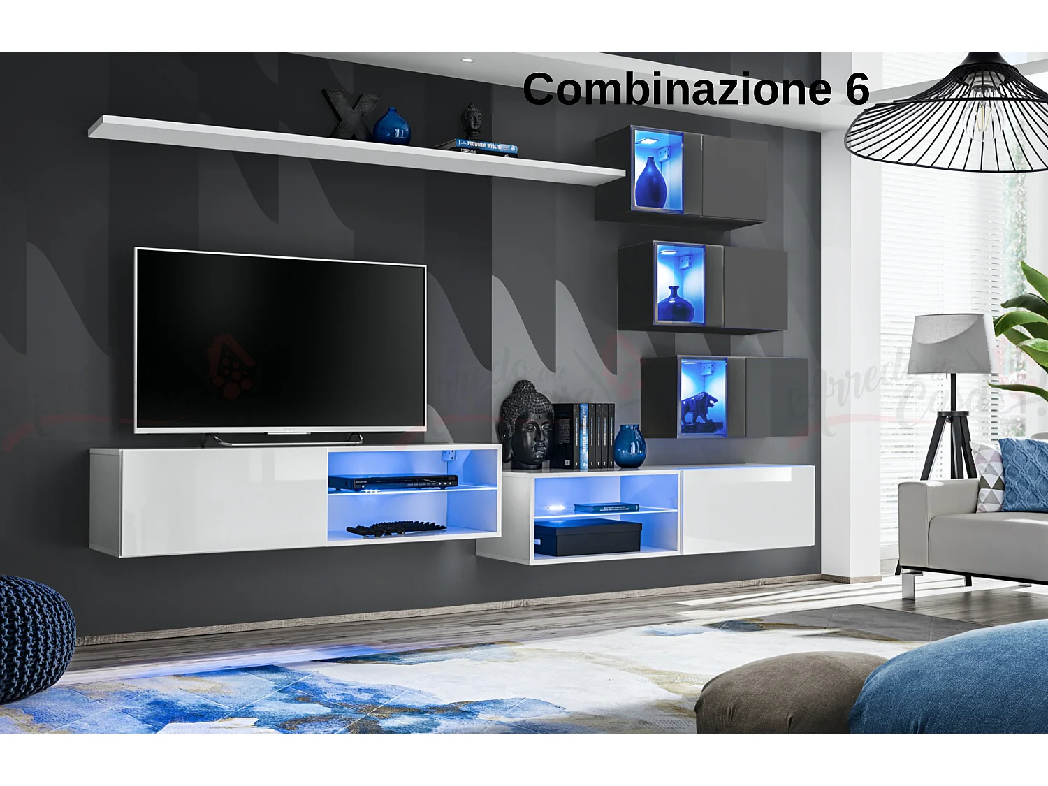 Parete attrezzata per soggiorno con vetrinette e luci led 260x170 bianco e grigio PAP70