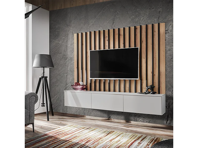 Parete attrezzata sospesa moderna 180x148 cm per soggiorno grigio e rovere PAP154