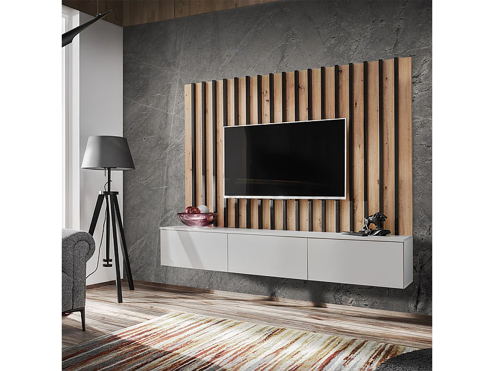 Parete attrezzata sospesa moderna 180x148 cm per soggiorno grigio e rovere PAP154