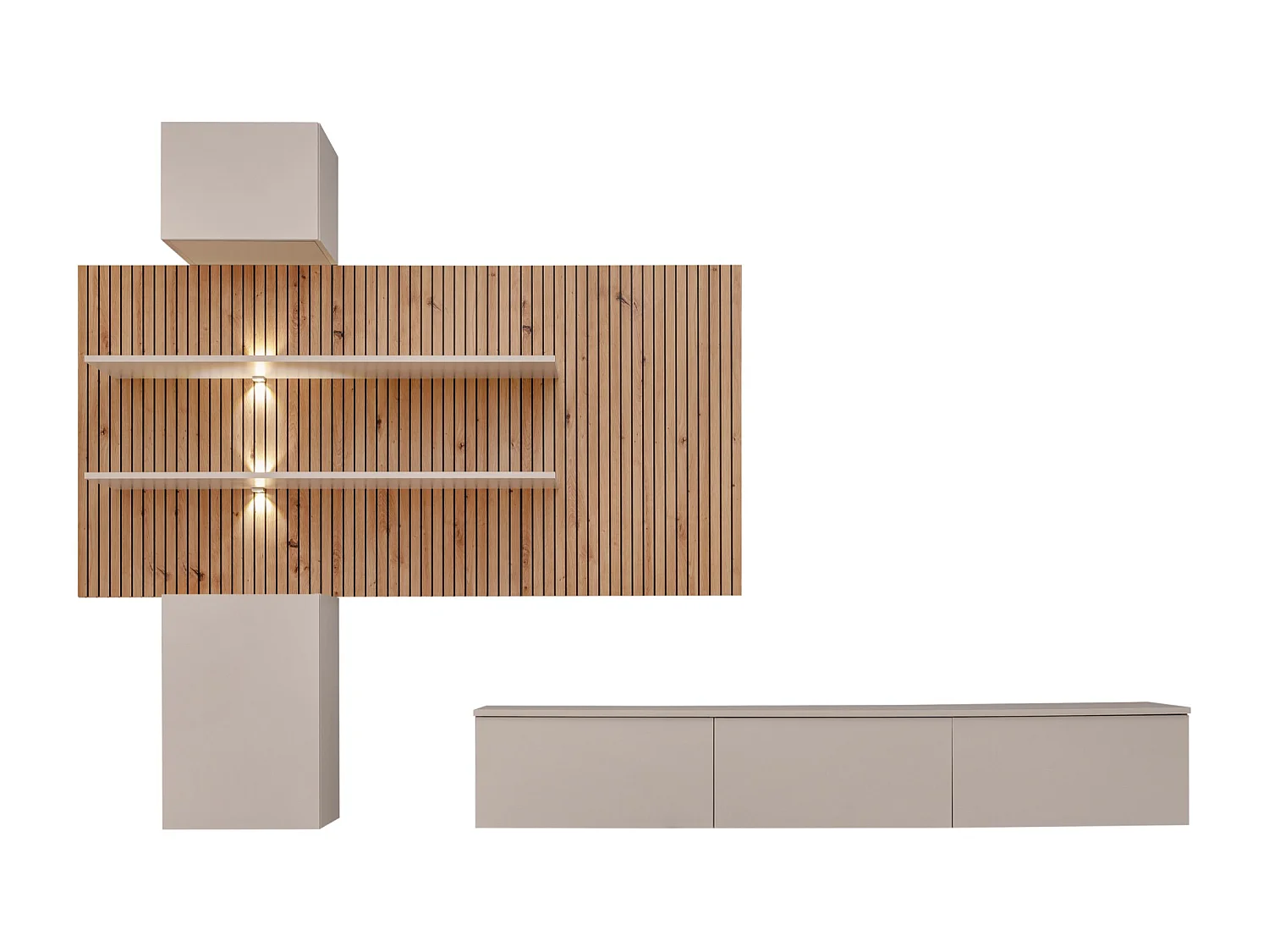 Parete attrezzata sospesa moderna beige e rovere 280x180 PAP151