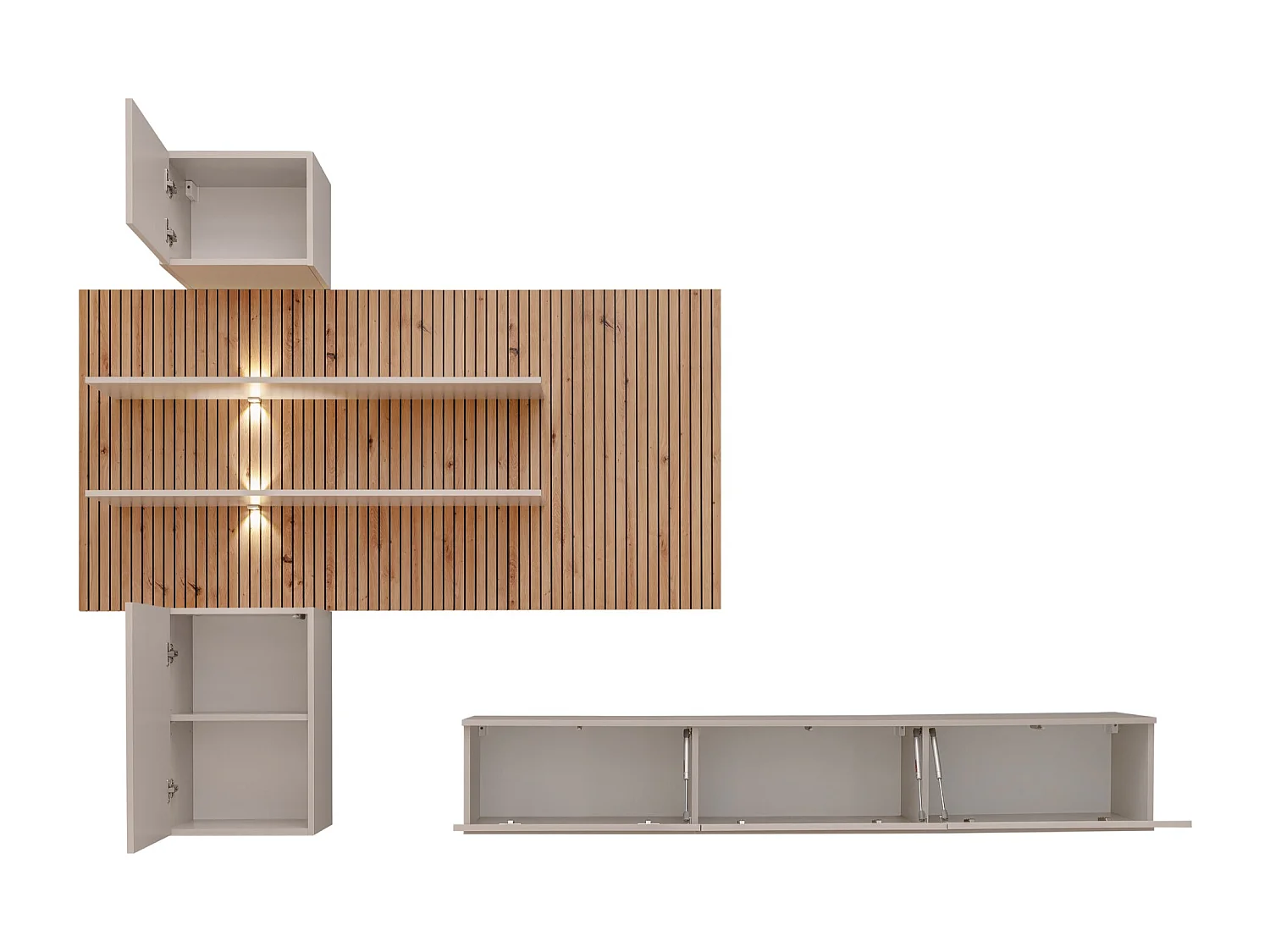 Parete attrezzata sospesa moderna beige e rovere 280x180 PAP151