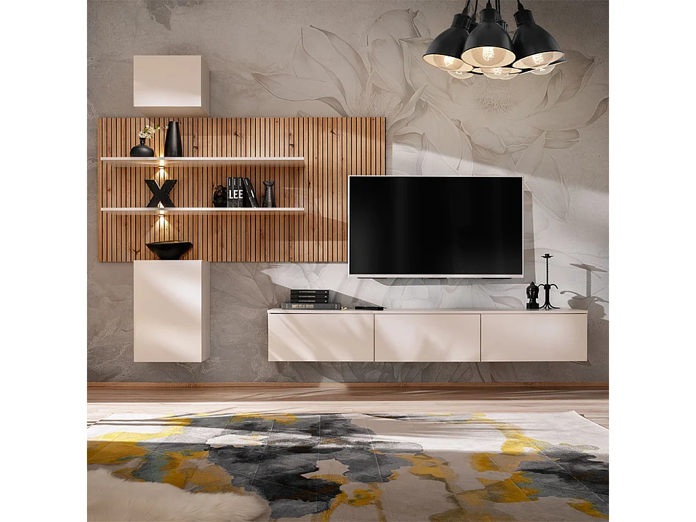 Parete attrezzata sospesa moderna beige e rovere 280x180 PAP151