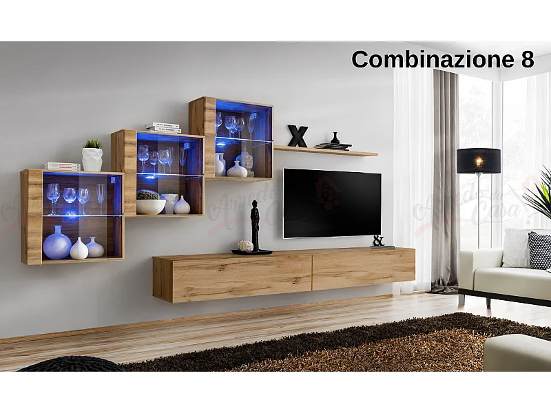 Parete attrezzata sospesa design contemporaneo con led 330x160 rovere PAP65