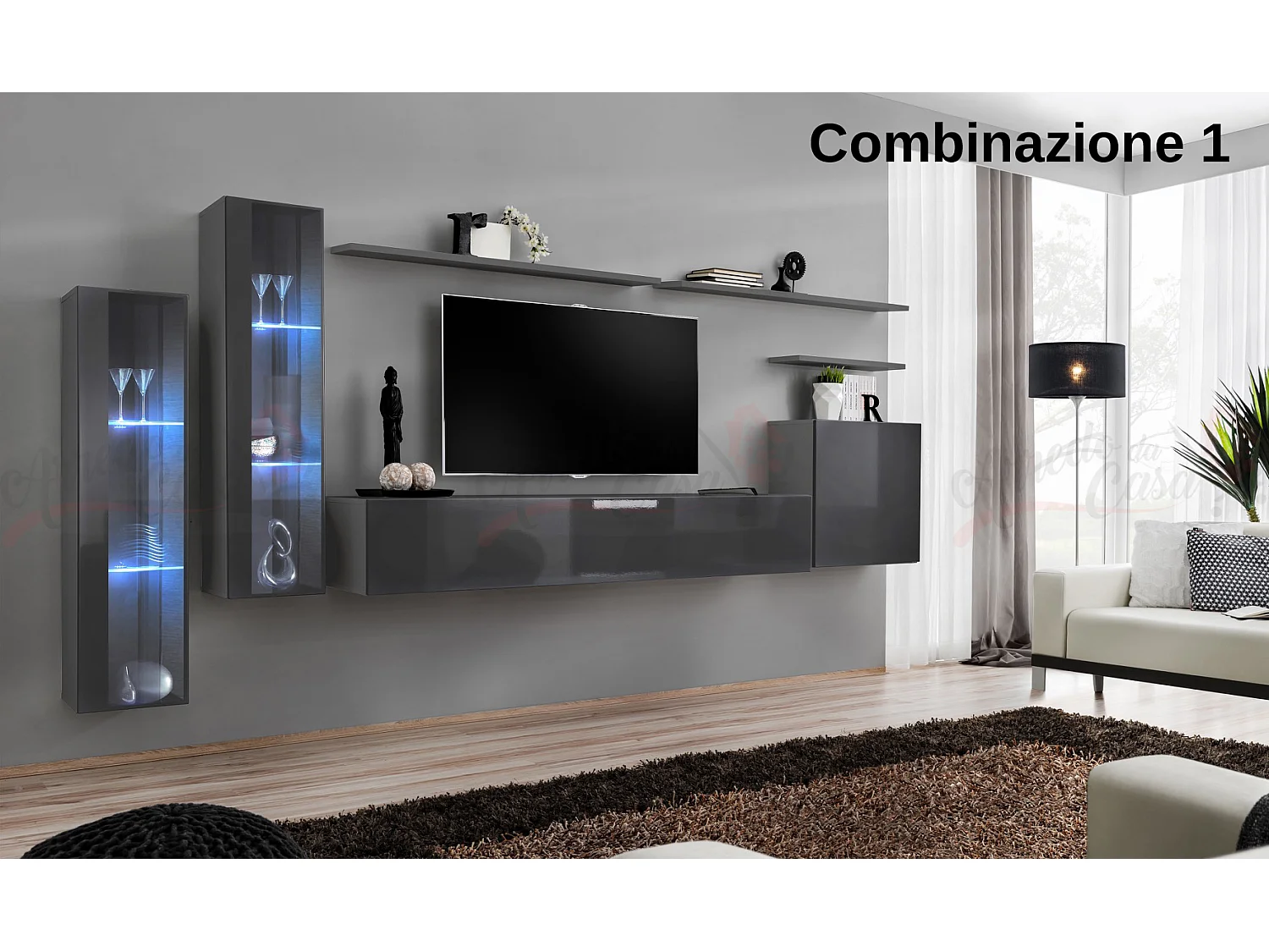 Parete attrezzata per soggiorno stile moderno 330x160 grigio PAP55