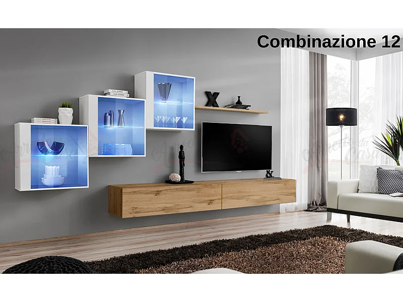 Parete attrezzata sospesa design contemporaneo con led 330x160 bianco e rovere PAP65