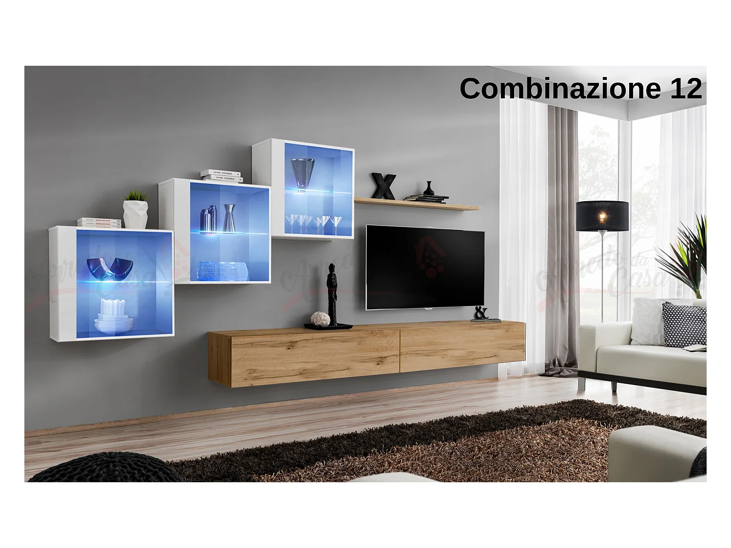 Parete attrezzata sospesa design contemporaneo con led 330x160 bianco e rovere PAP65