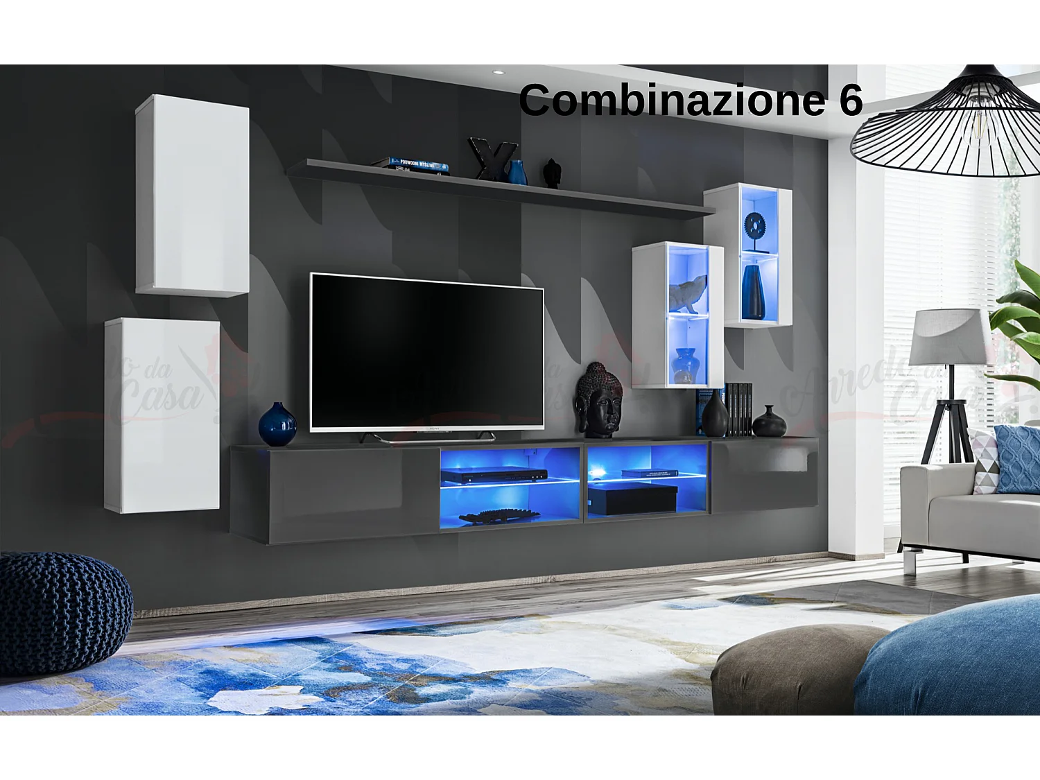 Parete attrezzata da soggiorno moderna con luci led 280x140 bianco e grigio PAP71