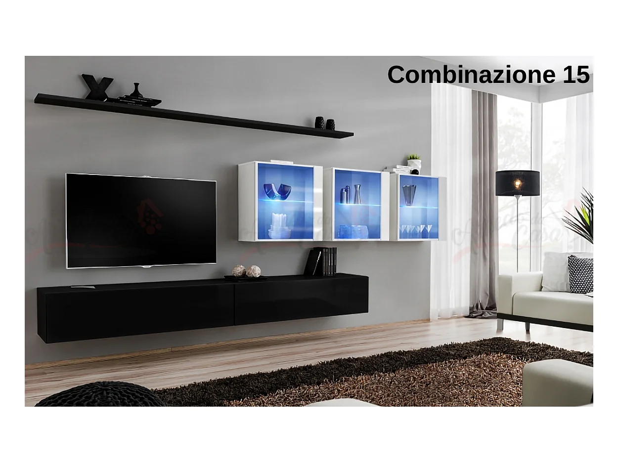Parete attrezzata design moderno con vetrina 340x150 nero e bianco PAP61