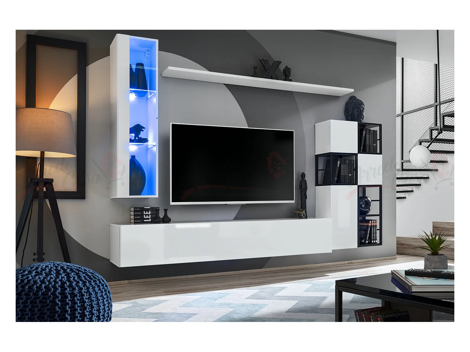 Parete attrezzata soggiorno con vetrina sospesa 250x170 bianco PAP74