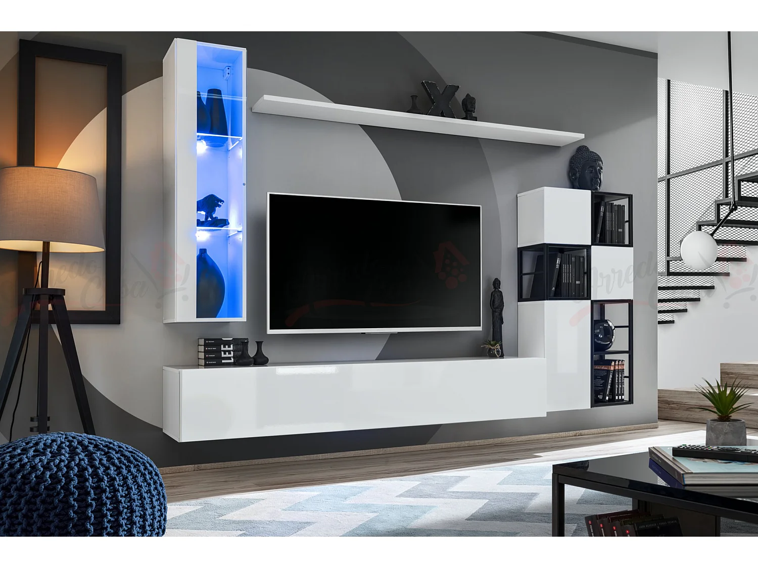 Parete attrezzata soggiorno con vetrina sospesa 250x170 bianco PAP74