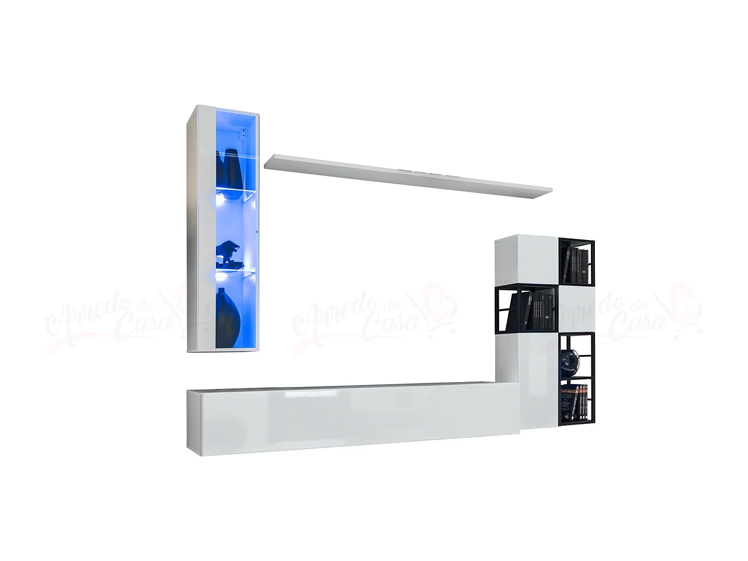 Parete attrezzata soggiorno con vetrina sospesa 250x170 bianco PAP74