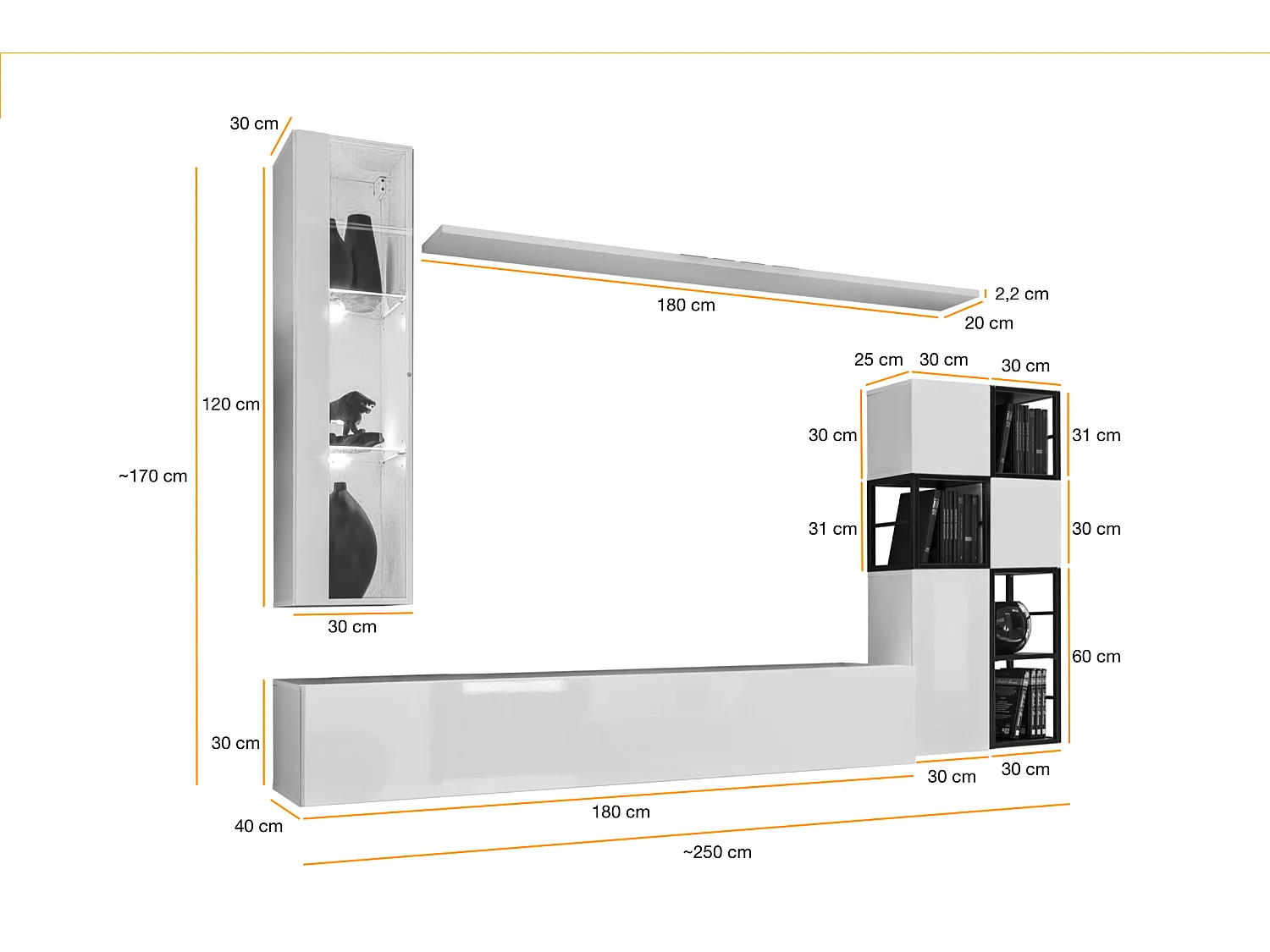Parete attrezzata soggiorno con vetrina sospesa 250x170 bianco PAP74