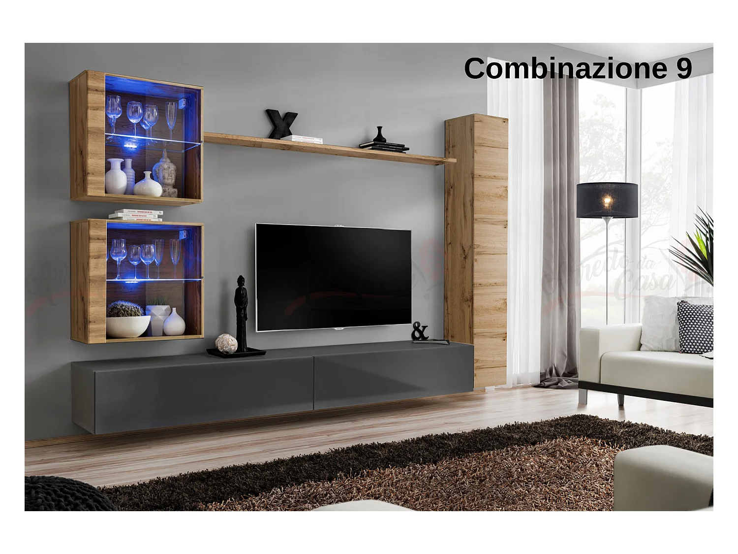 Parete attrezzata moderna per soggiorno con luci led 280x180 rovere e grigio PAP62