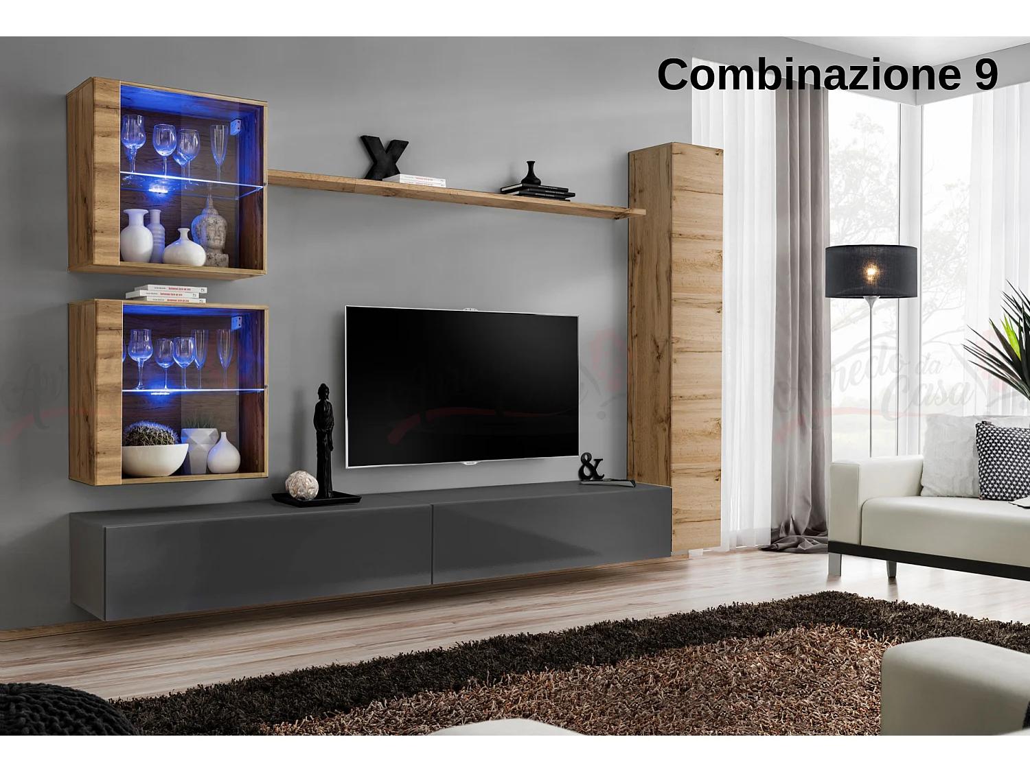 Parete attrezzata moderna per soggiorno con luci led 280x180 rovere e grigio PAP62