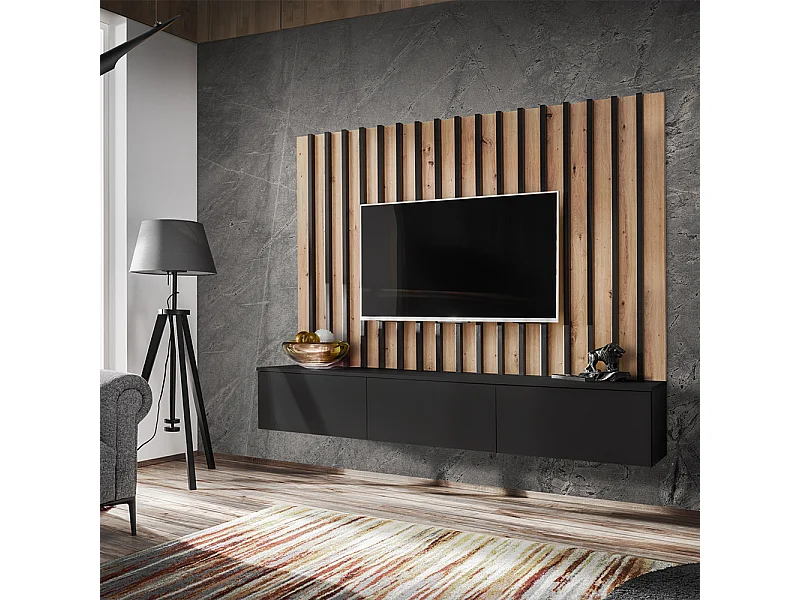 Parete attrezzata sospesa moderna 180x148 cm per soggiorno nero e rovere PAP154