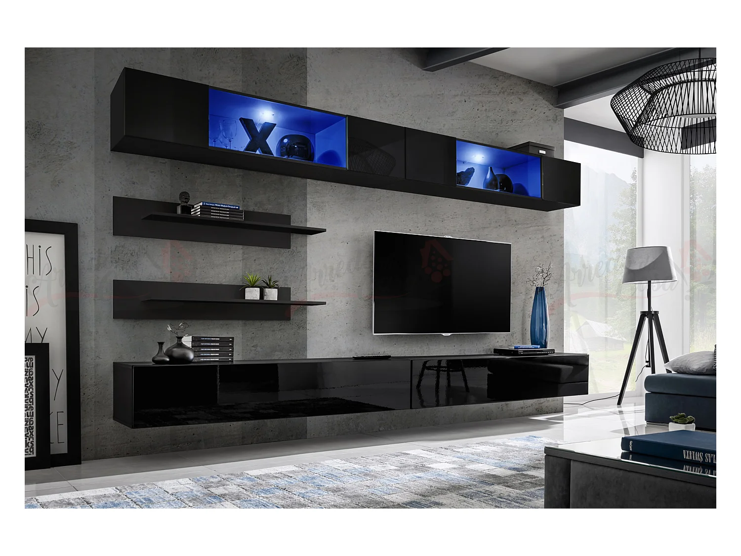 Parete attrezzata da soggiorno moderna con vetrine sospese e led 320x180 nero PAP104