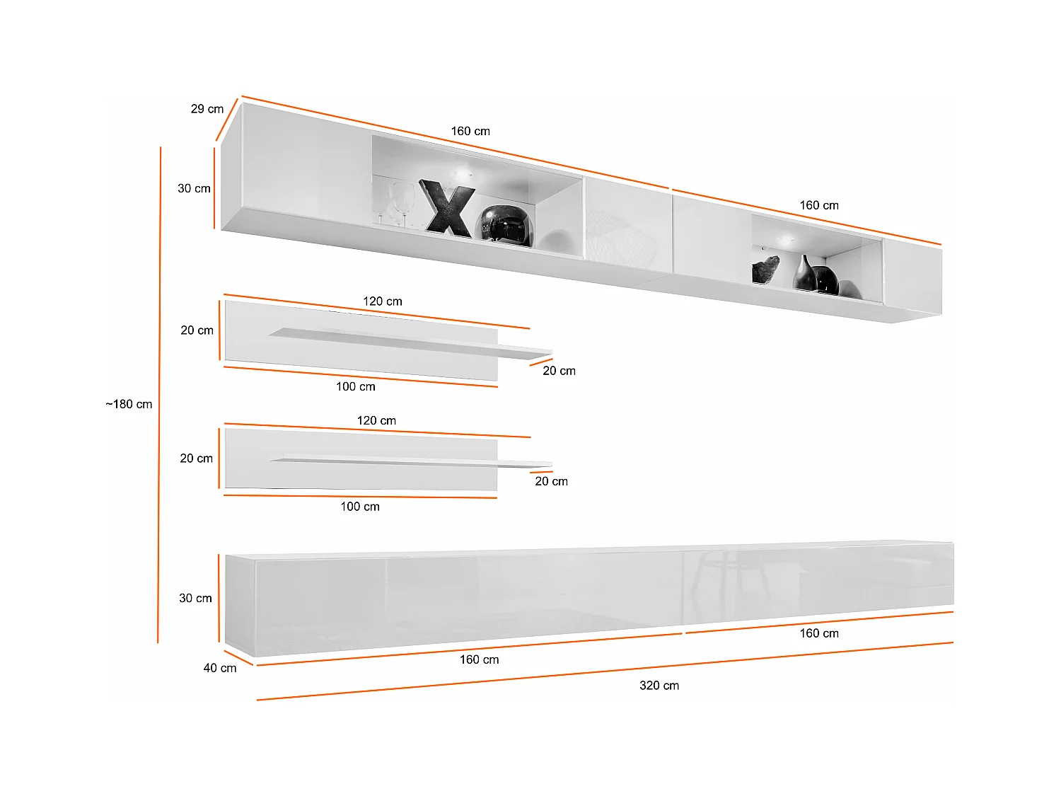 Parete attrezzata da soggiorno moderna con vetrine sospese e led 320x180 nero PAP104