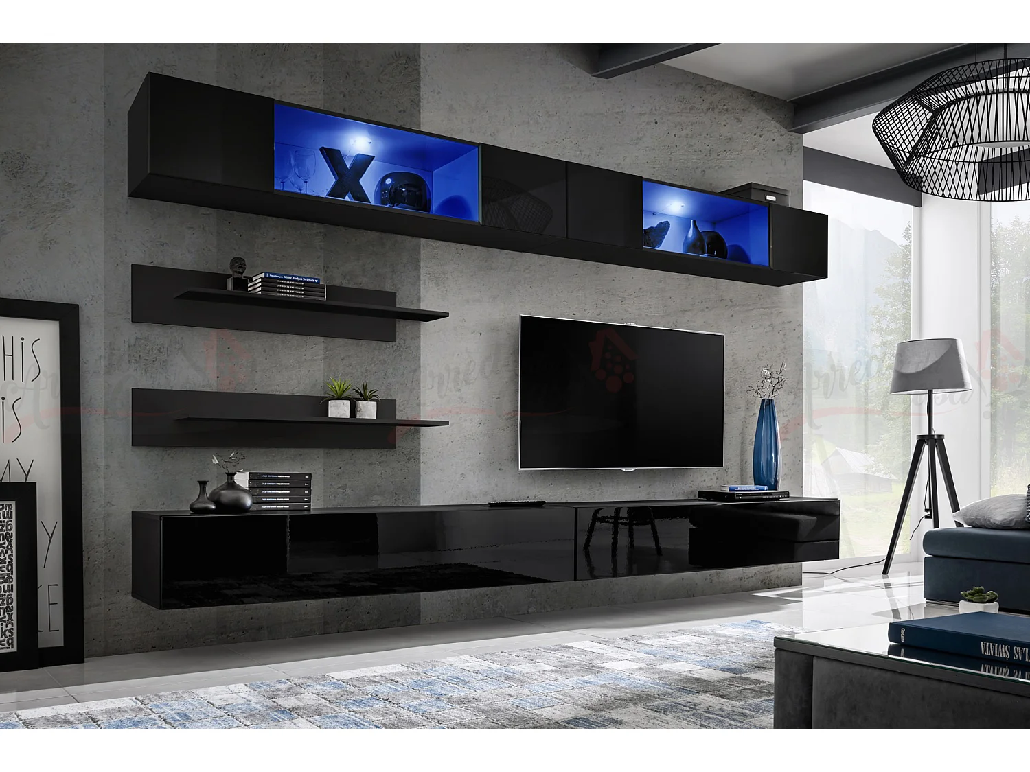 Parete attrezzata da soggiorno moderna con vetrine sospese e led 320x180 nero PAP104