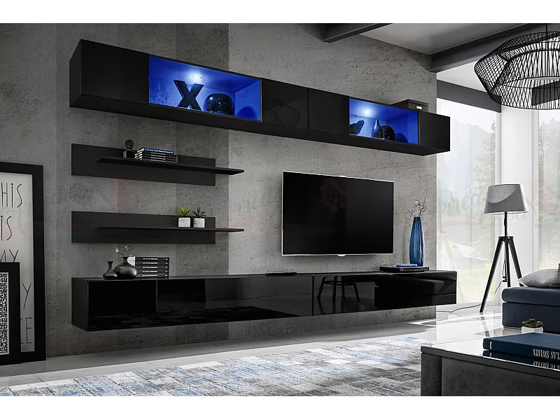 Parete attrezzata da soggiorno moderna con vetrine sospese e led 320x180 nero PAP104