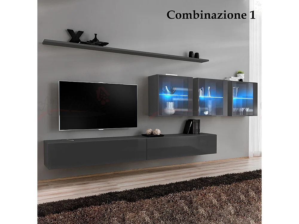 Parete attrezzata design moderno con vetrina 340x150 grigio PAP61