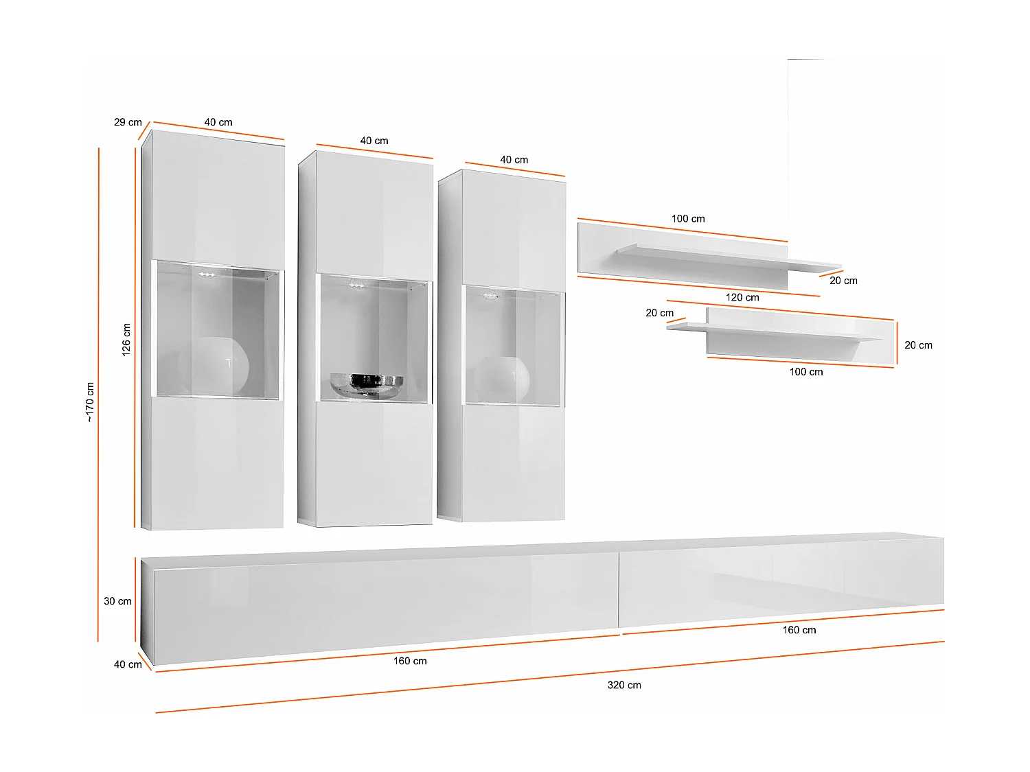 Parete attrezzata soggiorno moderna con tre vetrine illuminate 320x190 bianco PAP92