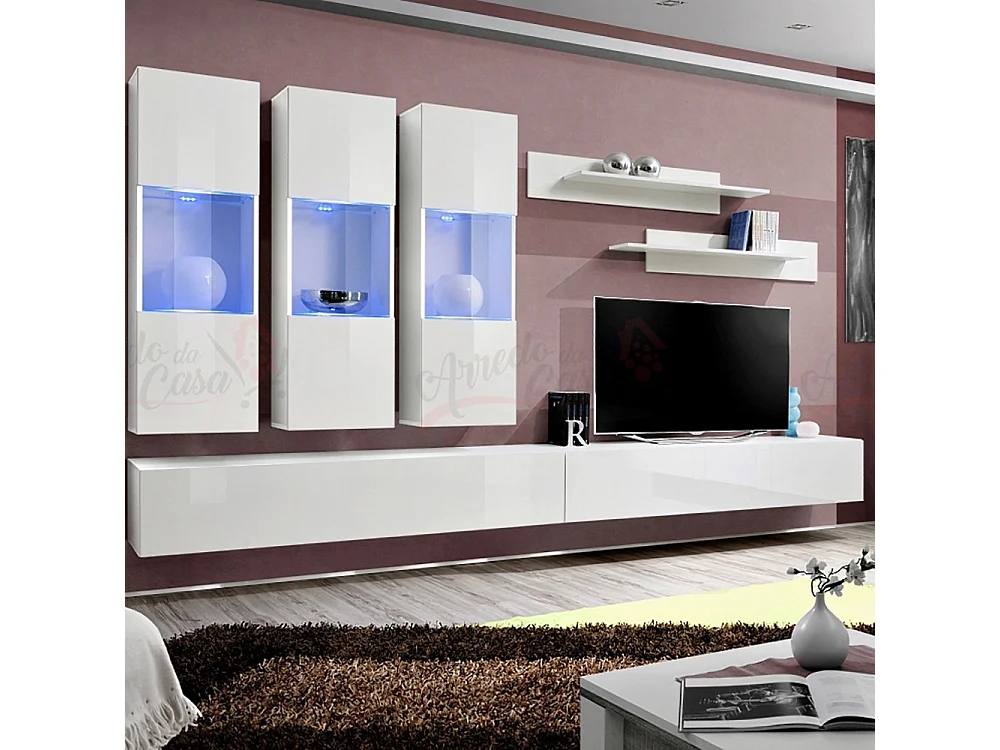 Parete attrezzata soggiorno moderna con tre vetrine illuminate 320x190 bianco PAP92