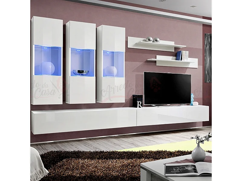 Parete attrezzata soggiorno moderna con tre vetrine illuminate 320x190 bianco PAP92