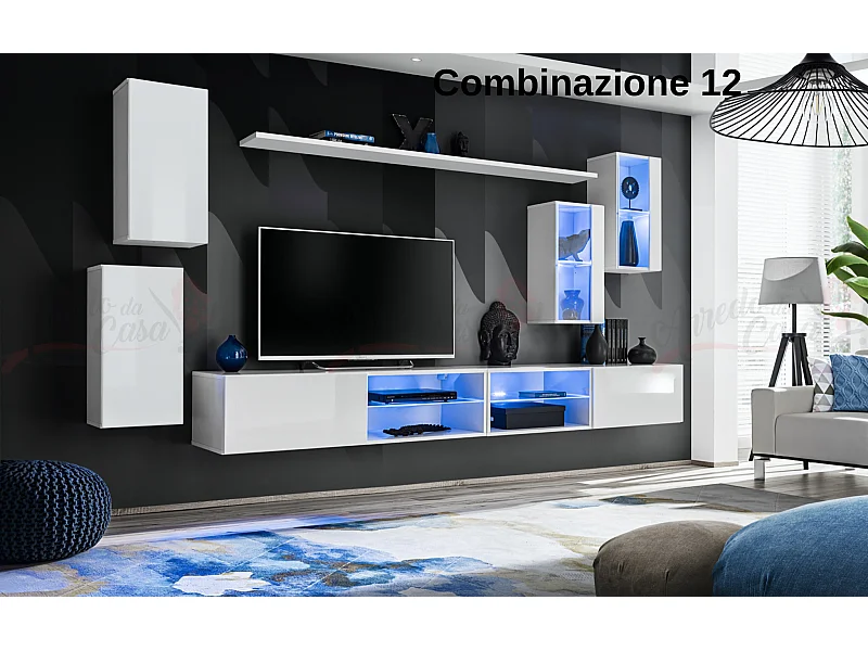 Parete attrezzata da soggiorno moderna con luci led 280x140 bianco PAP71