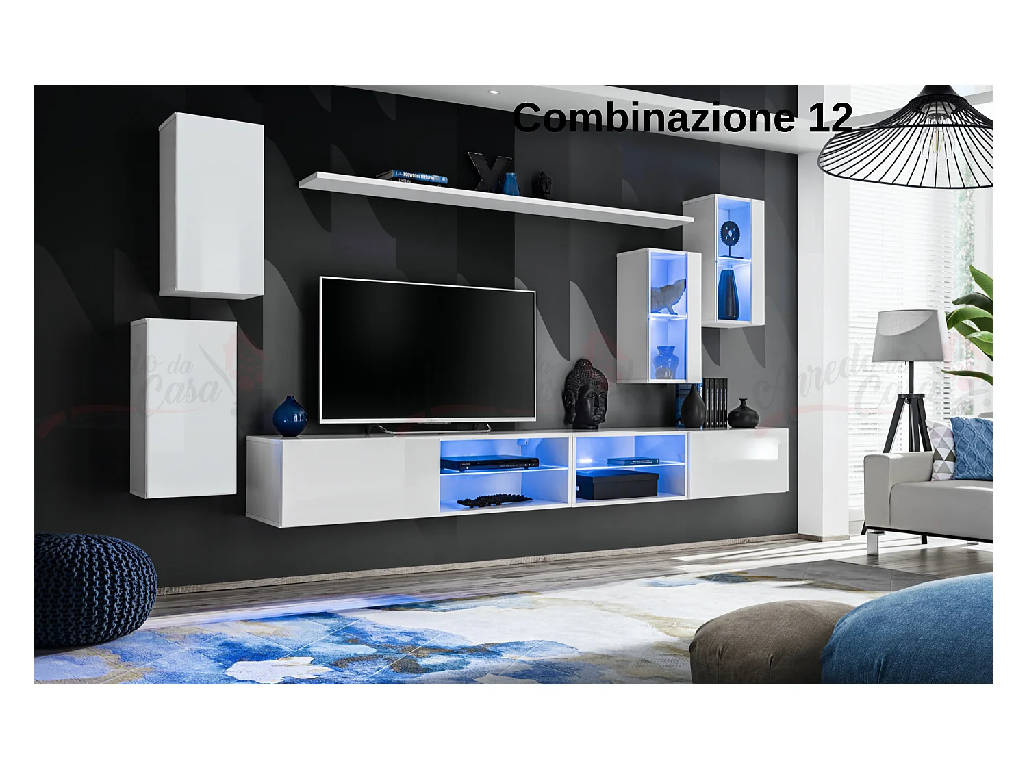 Parete attrezzata da soggiorno moderna con luci led 280x140 bianco PAP71