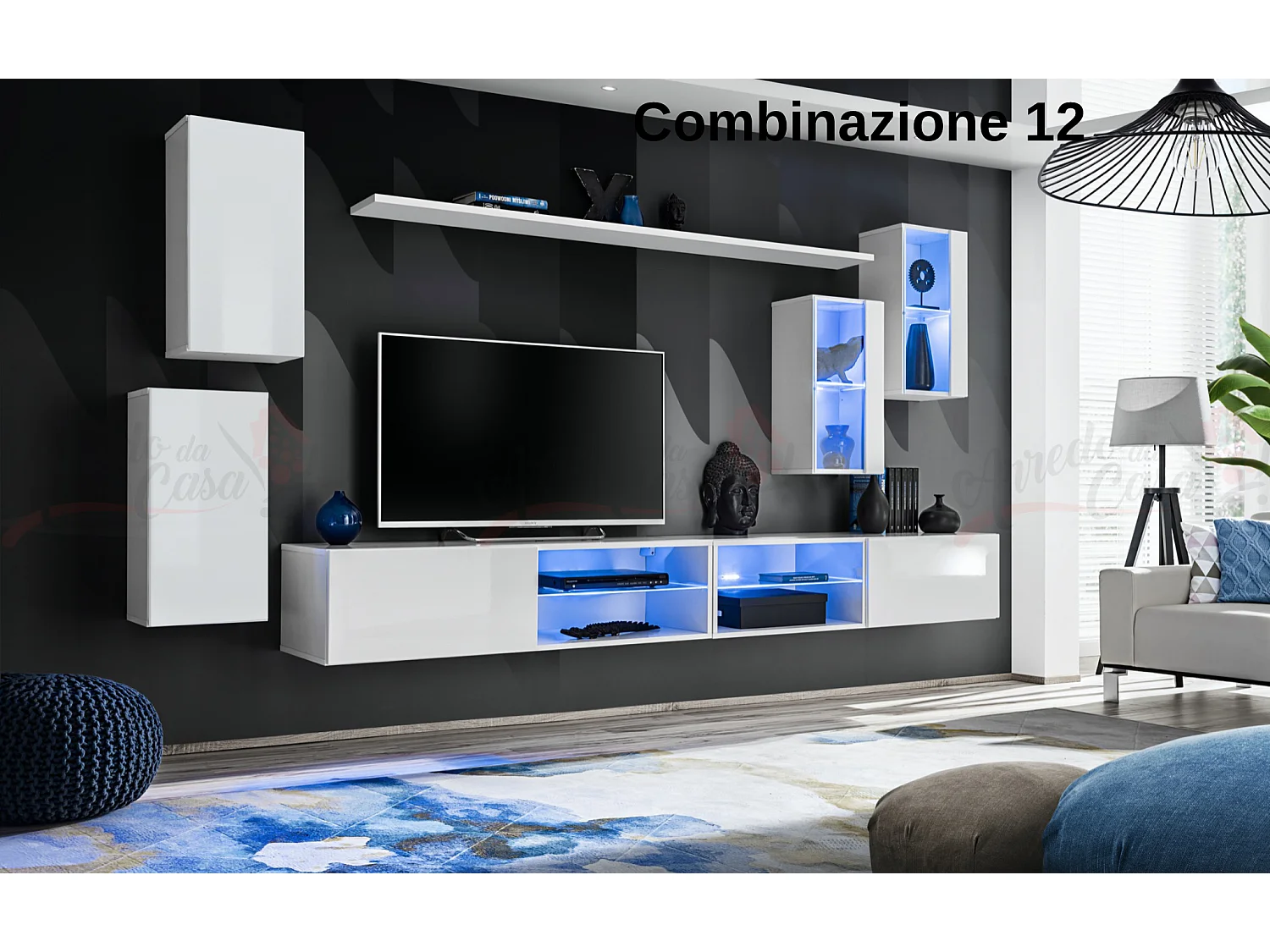 Parete attrezzata da soggiorno moderna con luci led 280x140 bianco PAP71