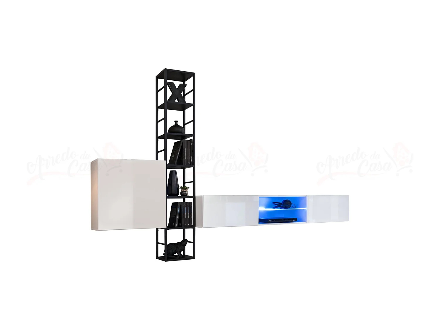 Parete attrezzata con led e scaffale in metallo 270x176 bianco PAP78