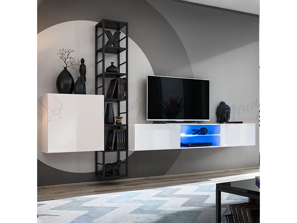 Parete attrezzata con led e scaffale in metallo 270x176 bianco PAP78