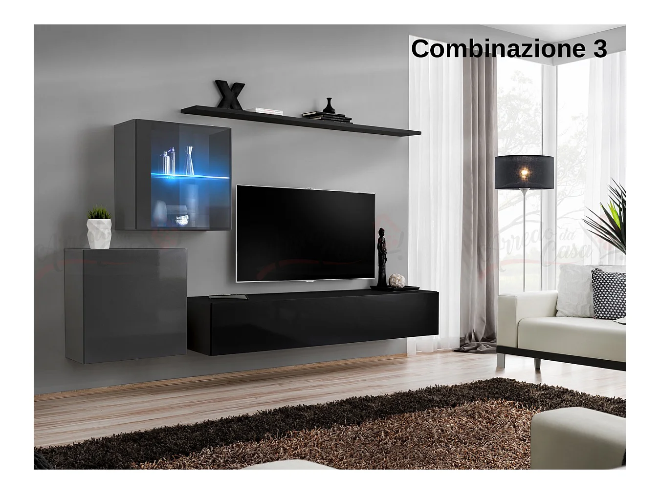 Parete attrezzata design moderno con vetrina illuminata 250x150 grigio e nero PAP59